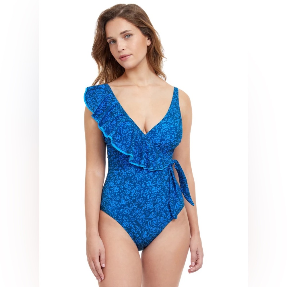 Elegant Blue One Piece Swimsuit with Wrap Front